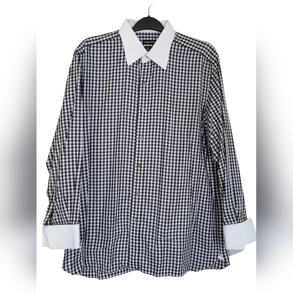 TOM FORD 👕 Gingham Cotton Dress Shirt with Contrast Collar - 2XL, Black/White